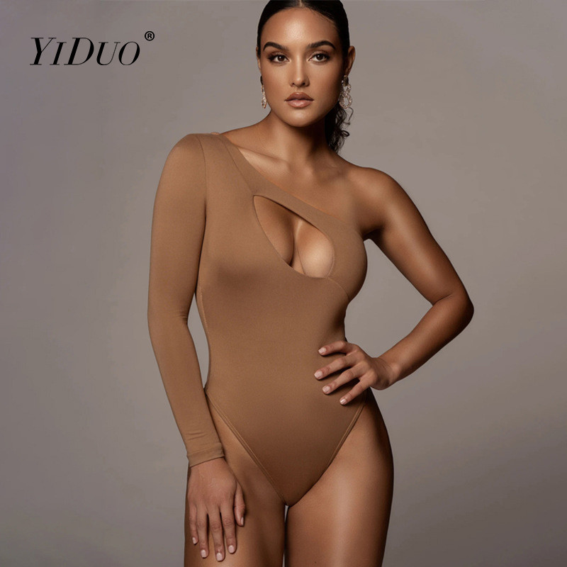 YiDuo Body cu un singur umăr pentru femei, solid, sexy, cu mânecă lungă, primăvară, slăbită, 2021, Body pentru petrecere de club, alb