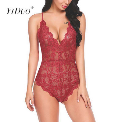 YiDuo Body transparent din dantelă cu broderie florală cu decolteu în V Body cu bretele fără spate Camis Body sexy Salopete pentru femei Plus Size