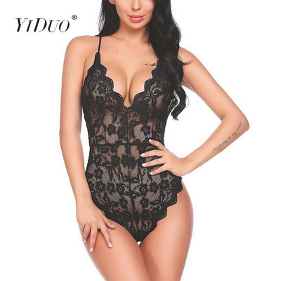 YiDuo Διαφανές φλοράλ κέντημα κορμάκι με δαντέλα V λαιμόκοψη λουράκια πλάτη Camis Σέξι κορμάκια Γυναικεία φόρμα συν μέγεθος