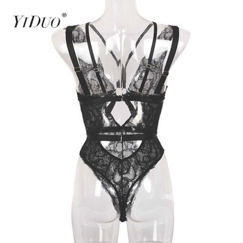 YiDuo Sexy Bodysuit Γυναικεία Δαντελένια Bodycon Rompers See Through Γυναικεία ολόσωμη φόρμα Διαφανές κορμάκι Γυναικείο σώμα Μαύρο Clubwear