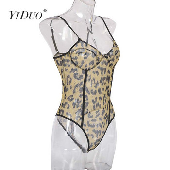 YiDuo Fashion Green Leopard Print Секси мрежести бодита Party Night Club Дамско боди Body Top Mujer Прозрачен летен гащеризон
