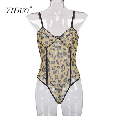 YiDuo Fashion Green Leopard Print Sexy Mesh Bodysuits Party Night Club Γυναικείο κορμάκι Body Top Mujer Διάφανες καλοκαιρινές φόρμες