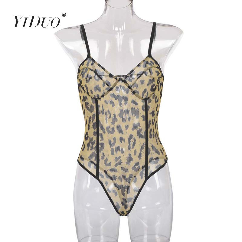 YiDuo Fashion Green Leopard Print Sexy Mesh Bodysuits Party Night Club Γυναικείο κορμάκι Body Top Mujer Διάφανες καλοκαιρινές φόρμες