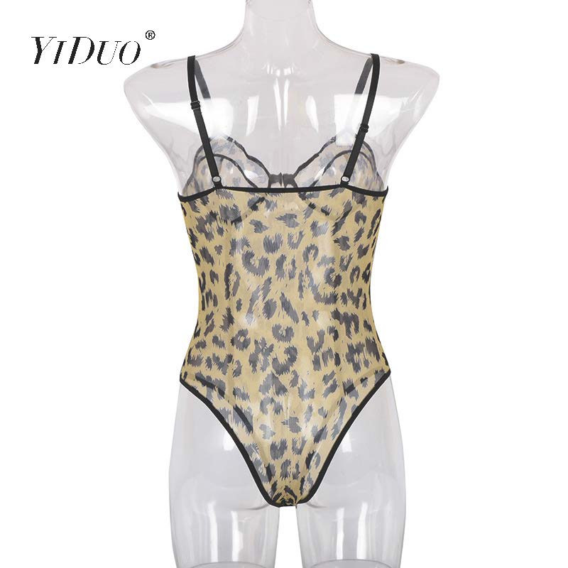 YiDuo Fashion Green Leopard Print Sexy Mesh Bodysuits Party Night Club Γυναικείο κορμάκι Body Top Mujer Διάφανες καλοκαιρινές φόρμες