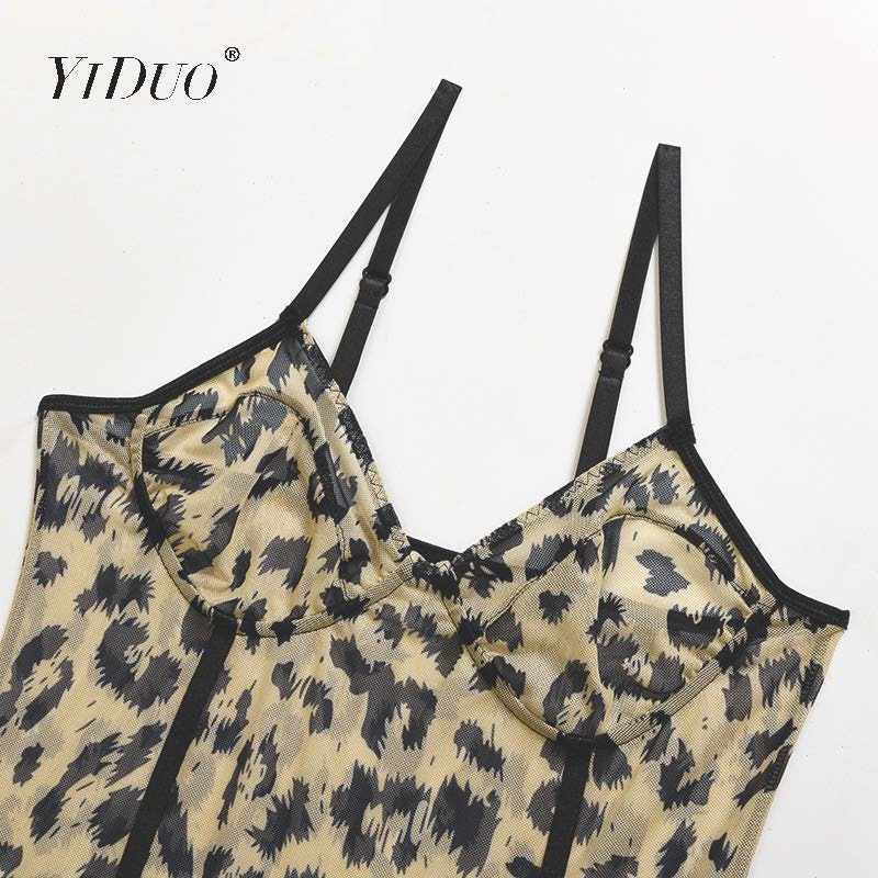 YiDuo Fashion Green Leopard Print Sexy Mesh Bodysuits Party Night Club Γυναικείο κορμάκι Body Top Mujer Διάφανες καλοκαιρινές φόρμες