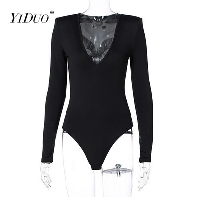 Σέξι κοκαλιάρικο γυναικείο κορμάκι YiDuo μασίφ μαύρο με V λαιμόκοψη 2021 Νέο ανοιξιάτικο μακρυμάνικο κορμάκι casual φόρμα Streetwear Λευκό Ροζ