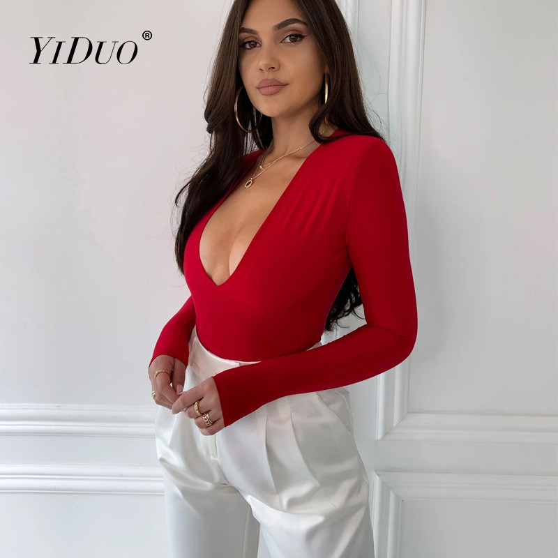 Σέξι κοκαλιάρικο γυναικείο κορμάκι YiDuo μασίφ μαύρο με V λαιμόκοψη 2021 Νέο ανοιξιάτικο μακρυμάνικο κορμάκι casual φόρμα Streetwear Λευκό Ροζ