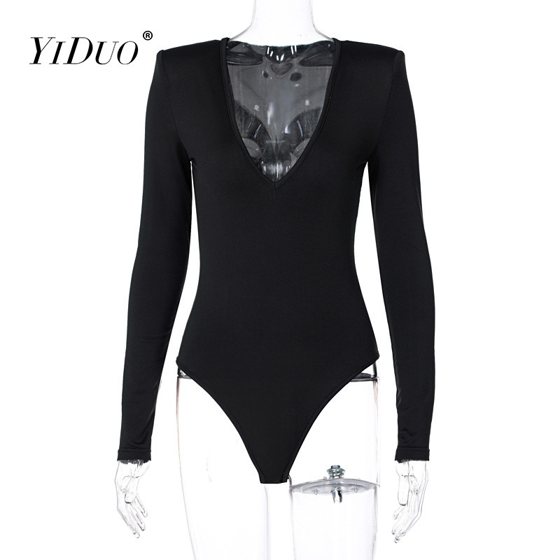 Σέξι κοκαλιάρικο γυναικείο κορμάκι YiDuo μασίφ μαύρο με V λαιμόκοψη 2021 Νέο ανοιξιάτικο μακρυμάνικο κορμάκι casual φόρμα Streetwear Λευκό Ροζ