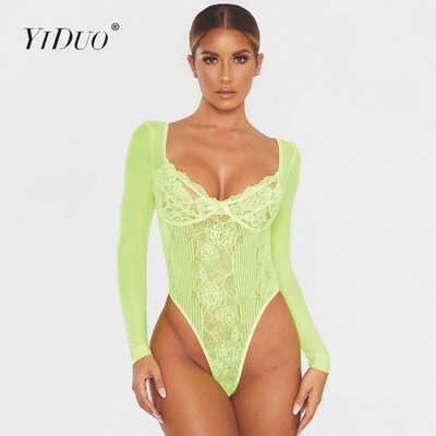 YiDuo Body cu fundă florală din dantelă transparentă, cu mânecă lungă, cu decolteu în V, fără spate, bodycon, salopete pentru femei, cu scobitură în plasă, îmbrăcăminte de club pentru petreceri