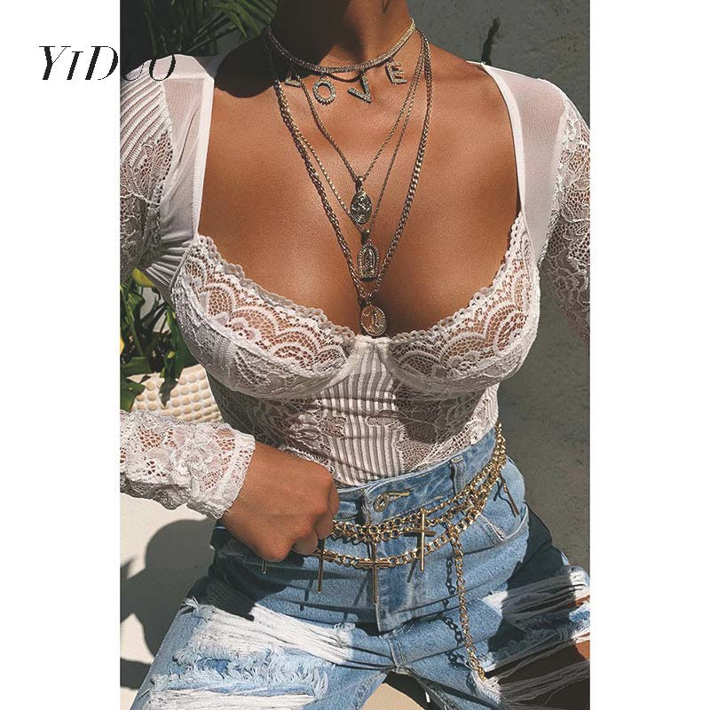 YiDuo Φιόγκο Φοράλ, διαφανές κορμάκι με δαντέλα, μακρύ μανίκι με λαιμόκοψη σε V, σαλοπέτα, γυναικείες φόρμες για πάρτι