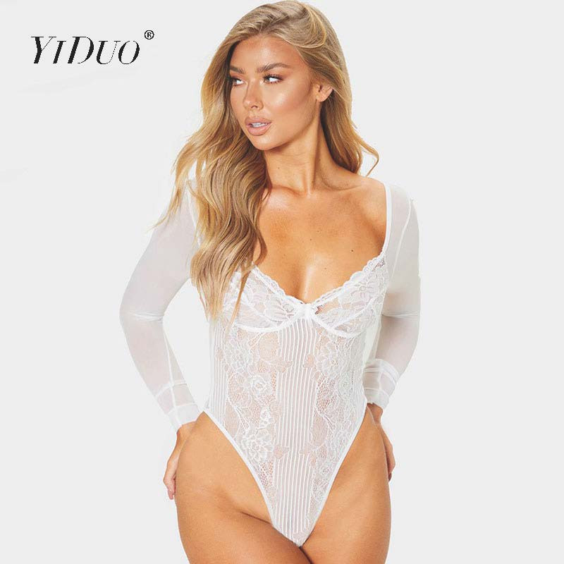 YiDuo Φιόγκο Φοράλ, διαφανές κορμάκι με δαντέλα, μακρύ μανίκι με λαιμόκοψη σε V, σαλοπέτα, γυναικείες φόρμες για πάρτι