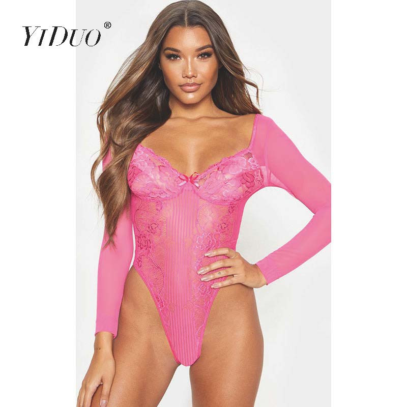 YiDuo Φιόγκο Φοράλ, διαφανές κορμάκι με δαντέλα, μακρύ μανίκι με λαιμόκοψη σε V, σαλοπέτα, γυναικείες φόρμες για πάρτι