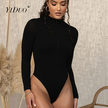 YiDuo μακρυμάνικο μπροστινό φερμουάρ V λαιμόκοψη Γυναικεία σέξι μπλούζα κορμάκι 2021 Ανοιξιάτικη ελαστική, καθημερινή φόρμα Streetwear Μαύρο γκρι