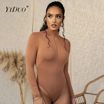 YiDuo μακρυμάνικο μπροστινό φερμουάρ V λαιμόκοψη Γυναικεία σέξι μπλούζα κορμάκι 2021 Ανοιξιάτικη ελαστική, καθημερινή φόρμα Streetwear Μαύρο γκρι