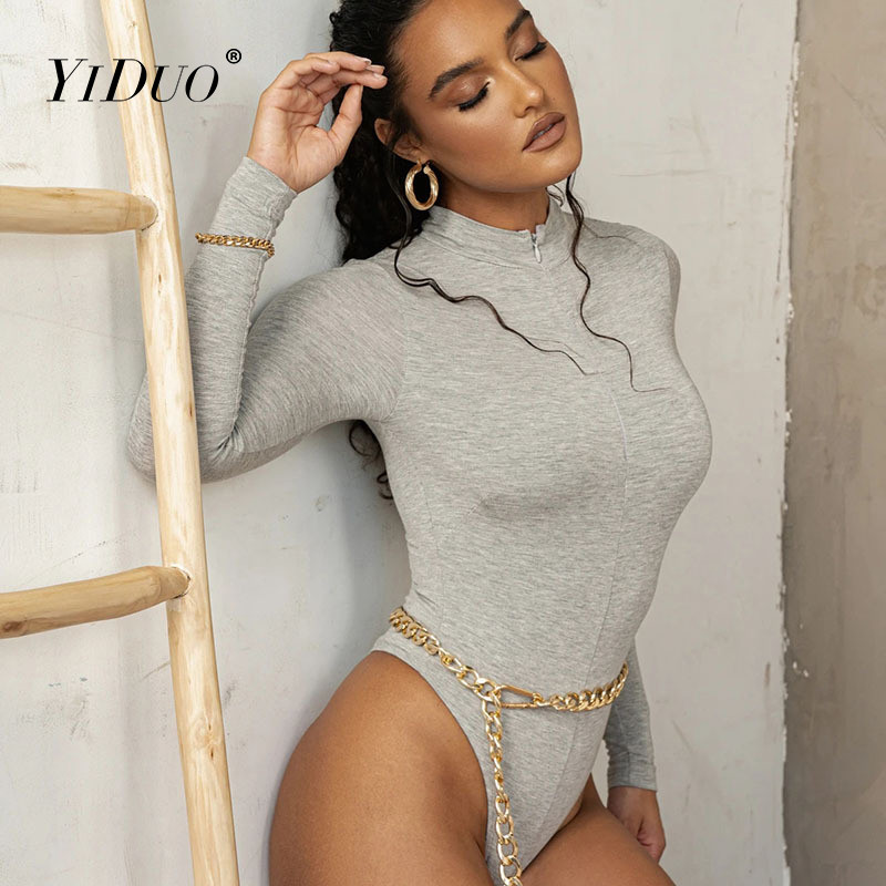 YiDuo pikkade varrukatega eesmine tõmblukk, V kaelus, naiste seksikas kehaga 2021. aasta kevadine veniv vabaaja body Tänavarõivad must hall