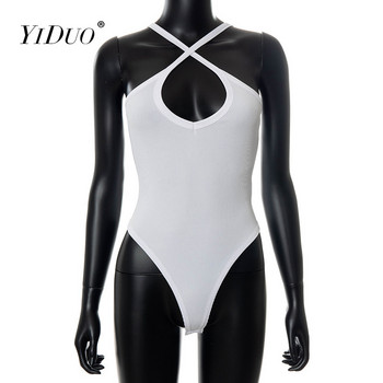 YiDuo Solid White Cross Halter φορμάκια Γυναικεία αμάνικα πλεκτά πλεκτά χαμηλού κοψίματος Bodycon μαύρο σώμα Κορυφαίο σέξι κορμάκι Streetwear 2021