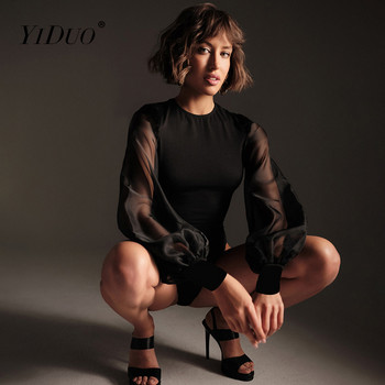 YiDuo Women Black Long Lantern Sleeve Skinny Bodysuit Patchwork See Through Lace Club Party Body Gampsuit Rompers 2021 New