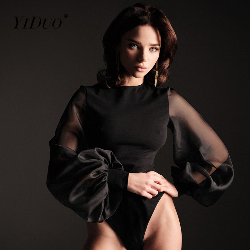 YiDuo naiste mustade pikkade varrukatega kitsa varrukatega, kitsas Bodysuit Patchwork Vaata läbi Lace Club Party Body Jumpsuit Rompers 2021 Uus