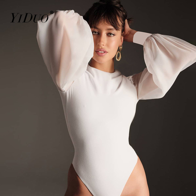 YiDuo naiste mustade pikkade varrukatega kitsa varrukatega, kitsas Bodysuit Patchwork Vaata läbi Lace Club Party Body Jumpsuit Rompers 2021 Uus