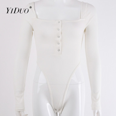 Σέξι κορμάκι YiDuo Μαύρο με μακριά ώμους, μακρύ μανίκι, κουμπιά στο λαιμό, Bodycon Rompers, γυναικεία ολόσωμη φόρμα, μονόχρωμη φόρμα, τοπ Streetwear