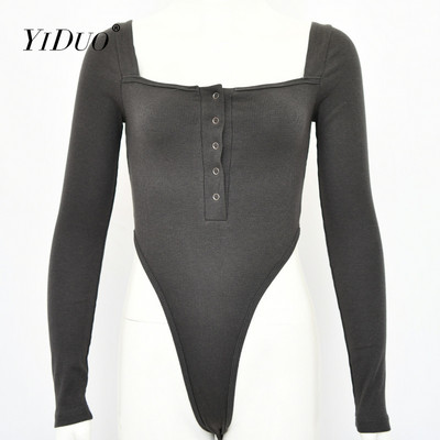 Σέξι κορμάκι YiDuo Μαύρο με μακριά ώμους, μακρύ μανίκι, κουμπιά στο λαιμό, Bodycon Rompers, γυναικεία ολόσωμη φόρμα, μονόχρωμη φόρμα, τοπ Streetwear