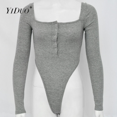 Σέξι κορμάκι YiDuo Μαύρο με μακριά ώμους, μακρύ μανίκι, κουμπιά στο λαιμό, Bodycon Rompers, γυναικεία ολόσωμη φόρμα, μονόχρωμη φόρμα, τοπ Streetwear