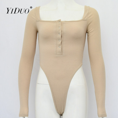 Σέξι κορμάκι YiDuo Μαύρο με μακριά ώμους, μακρύ μανίκι, κουμπιά στο λαιμό, Bodycon Rompers, γυναικεία ολόσωμη φόρμα, μονόχρωμη φόρμα, τοπ Streetwear