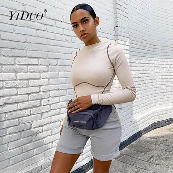 YiDuo 2021 Пролетно боди с дълги ръкави на райета в пачуърк Секси гащеризон Дамски комбинезон Streetwear Slim Fit Женско боди