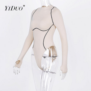 YiDuo 2021 Пролетно боди с дълги ръкави на райета в пачуърк Секси гащеризон Дамски комбинезон Streetwear Slim Fit Женско боди