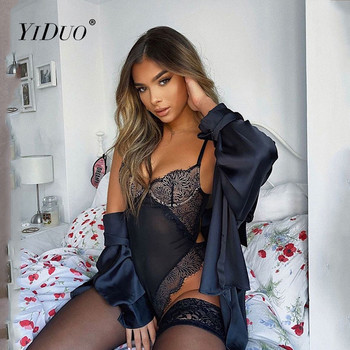 YiDuo Women Skinny Αμάνικο Floral See Through Sexy Black Lace Bodysuit Club Party Body Top Femme 2021 New Bodycon φόρμες