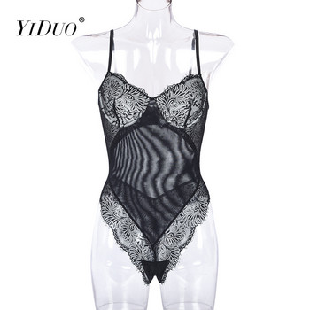 YiDuo Women Skinny Sleeveless Sleeveless Floral See Through Sexy Black Lace Bodysuit Club Party Body Top Femme 2021 Нови бодита по тялото