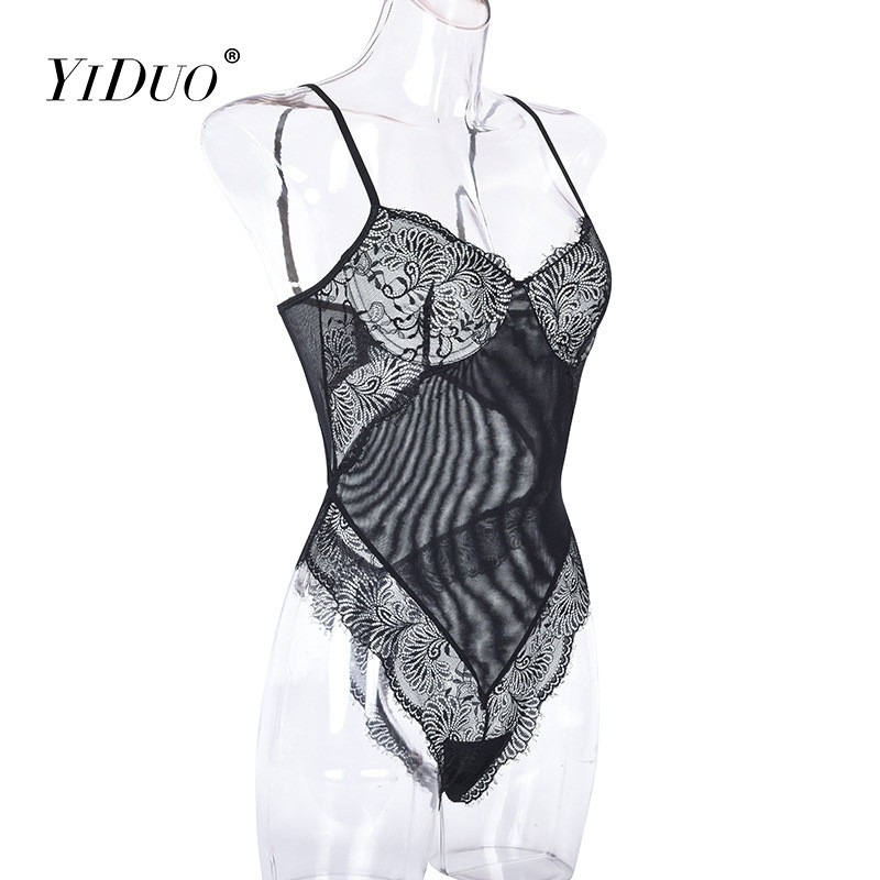 YiDuo naiste kõhnad varrukateta lillelised läbipaistvad seksikad musta pitsiga Bodysuit Club Party Body Top Femme 2021 uued Bodyconi bodid
