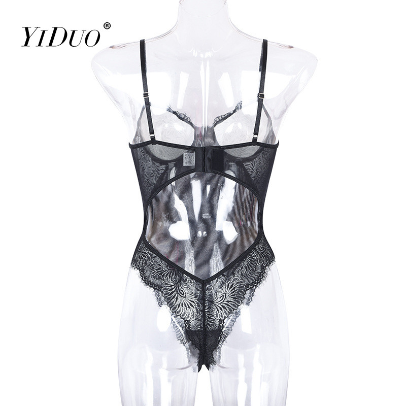 YiDuo naiste kõhnad varrukateta lillelised läbipaistvad seksikad musta pitsiga Bodysuit Club Party Body Top Femme 2021 uued Bodyconi bodid