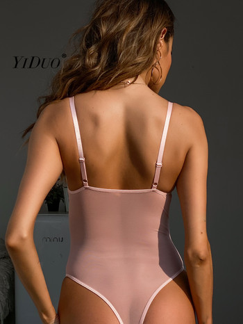 YiDuo Lace Body Top Pink Sexy Bodysuit Женски гащеризон без гръб Bodycon Rompers Виж през V-образно деколте Тънки бодита Party 2021
