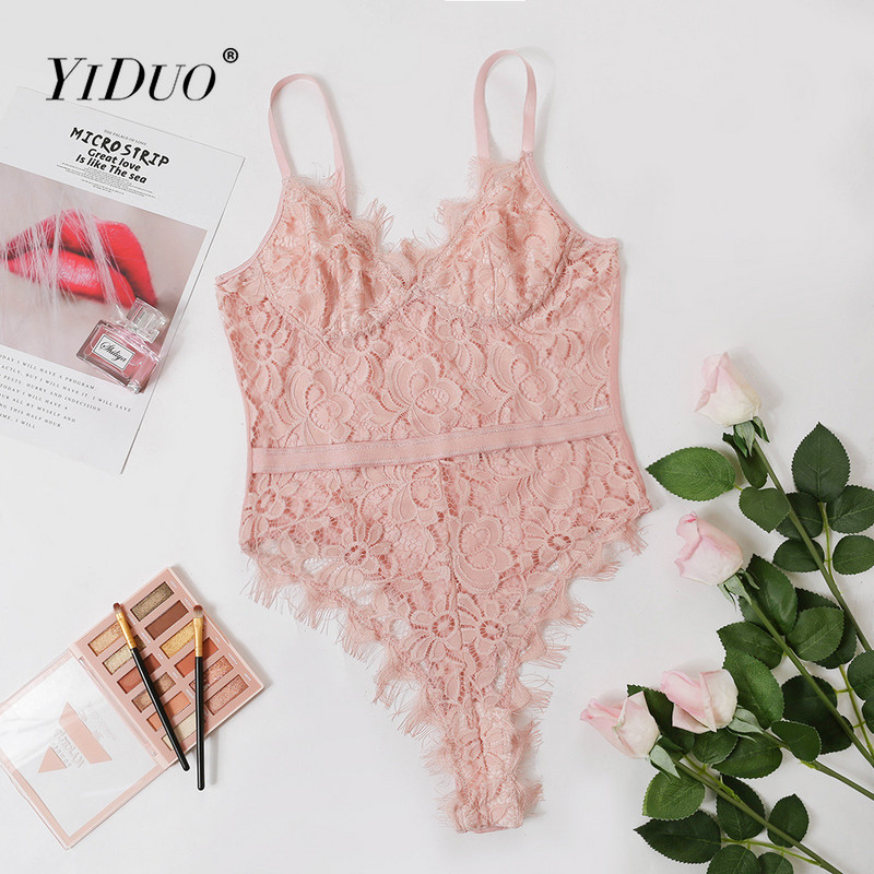 YiDuo Body din dantela, roz, sexy, salopete pentru femei, cu spate, salopete bodycon, cu decolteu în V, body subțiri, petrecere 2021