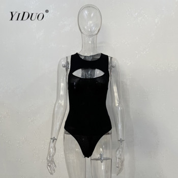 YiDuo 2022 Пролетно секси боди без ръкави Дамско О-образно деколте Изрязано бяло основно боди Модно улично боди Черен гащеризон