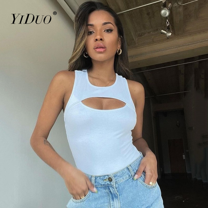 YiDuo 2022 Proljetni seksi bodi bez rukava Ženski o-izrez izrezani bijeli osnovni gornji dio tijela Modni ulični bodi Crni kombinezon