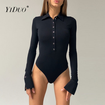 YiDuo 2021 Μακρύ μανίκι μασίφ μπούτον με γυριστό γιακά κορμάκι ανοιξιάτικη γυναικεία μόδα Σέξι streetwear μπλούζα κορμάκι