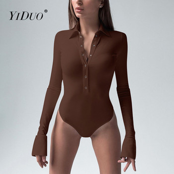 YiDuo 2021 Μακρύ μανίκι μασίφ μπούτον με γυριστό γιακά κορμάκι ανοιξιάτικη γυναικεία μόδα Σέξι streetwear μπλούζα κορμάκι