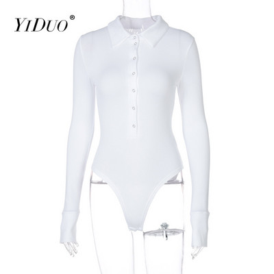 YiDuo 2021 Μακρύ μανίκι μασίφ μπούτον με γυριστό γιακά κορμάκι ανοιξιάτικη γυναικεία μόδα Σέξι streetwear μπλούζα κορμάκι
