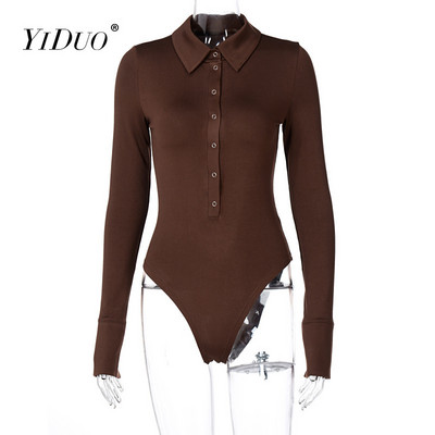 YiDuo 2021 Μακρύ μανίκι μασίφ μπούτον με γυριστό γιακά κορμάκι ανοιξιάτικη γυναικεία μόδα Σέξι streetwear μπλούζα κορμάκι