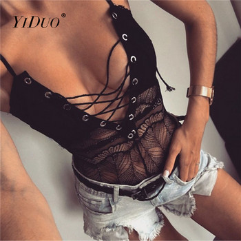 YiDuo Μαύρο Λευκό Αμάνικο Βαθύ Γυναικείο Κορμάκι See Through Bandage Lace Club Party Body Top Jumpsuit Femme Summer 2022