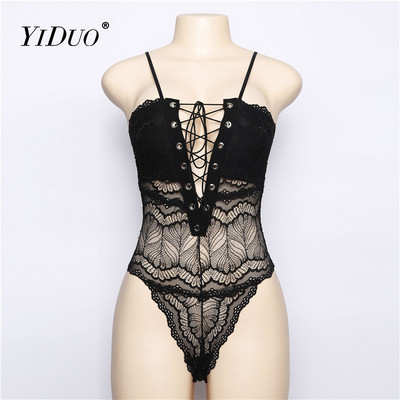 YiDuo must-valge varrukateta sügava V-kaelusega naiste bodid läbivaatega Bandage Lace Club Party Body dresssuit, 2022. aasta suvi