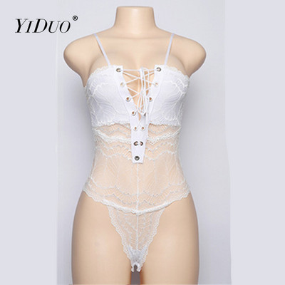YiDuo must-valge varrukateta sügava V-kaelusega naiste bodid läbivaatega Bandage Lace Club Party Body dresssuit, 2022. aasta suvi