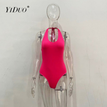 YiDuo εξώπλατο κορμάκι με βαθύ V λαιμόκοψη Γυναικείο κορμάκι με κορδόνια Halter 2021 Γυναικεία σέξι κοκαλιάρικο φορμάκι για πάρτι Clubwear Ολόσωμες φόρμες