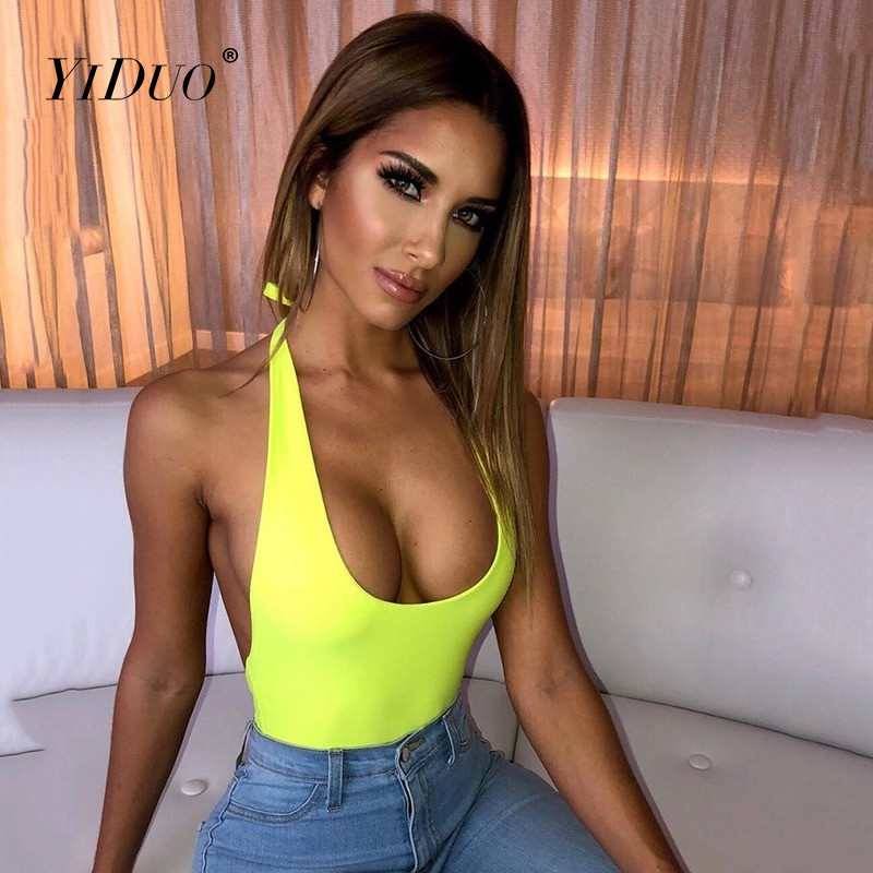 YiDuo εξώπλατο κορμάκι με βαθύ V λαιμόκοψη Γυναικείο κορμάκι με κορδόνια Halter 2021 Γυναικεία σέξι κοκαλιάρικο φορμάκι για πάρτι Clubwear Ολόσωμες φόρμες