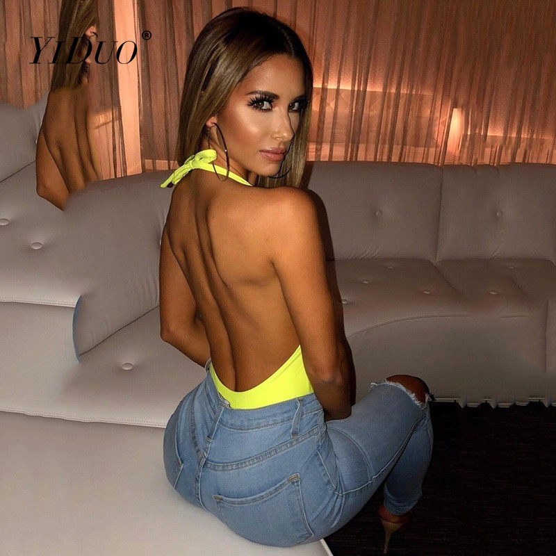 YiDuo εξώπλατο κορμάκι με βαθύ V λαιμόκοψη Γυναικείο κορμάκι με κορδόνια Halter 2021 Γυναικεία σέξι κοκαλιάρικο φορμάκι για πάρτι Clubwear Ολόσωμες φόρμες