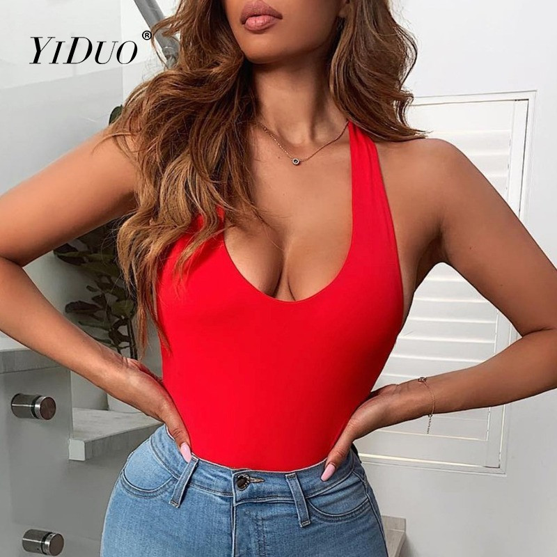 YiDuo εξώπλατο κορμάκι με βαθύ V λαιμόκοψη Γυναικείο κορμάκι με κορδόνια Halter 2021 Γυναικεία σέξι κοκαλιάρικο φορμάκι για πάρτι Clubwear Ολόσωμες φόρμες