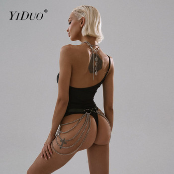 YiDuo See Through Mesh Patchwork Μαύρο κορμάκι Σέξι στολές Γυναίκα με έναν ώμο εξώπλατο ασύμμετρο τοπ Streetwear Κοστούμια