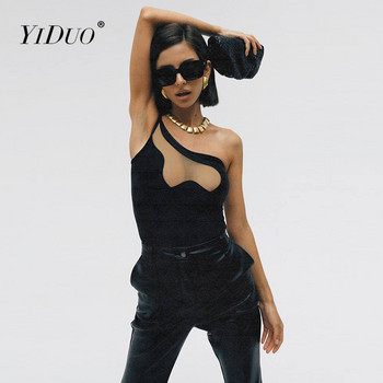 YiDuo See Through Mesh Patchwork Μαύρο κορμάκι Σέξι στολές Γυναίκα με έναν ώμο εξώπλατο ασύμμετρο τοπ Streetwear Κοστούμια